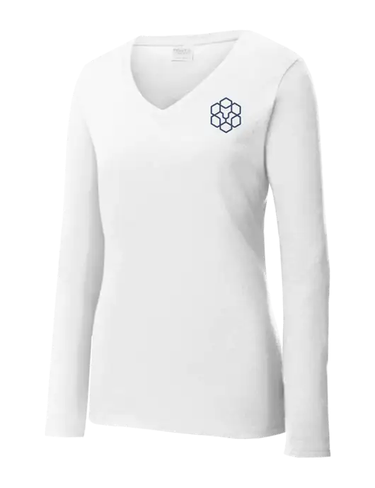 Womens  V-Neck Ring Spun White 4.5 oz Long Sleeve T-Shirt w/Icon Logo