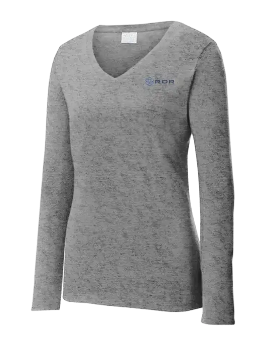 Womens  V-Neck Ring Spun Grey Heather 4.5 oz Long Sleeve T-Shirt w/ROR Logo