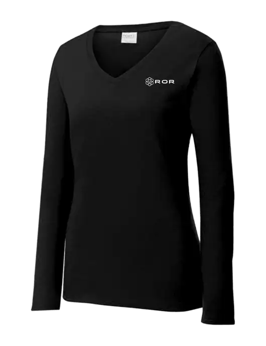 Womens V-Neck Ring Spun Jet Black 4.5 oz Long Sleeve T-Shirt w/ROR Logo