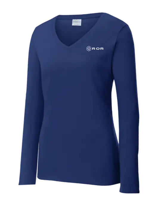 Womens  V-Neck Ring Spun Navy 4.5 oz Long Sleeve T-Shirt w/ROR Logo