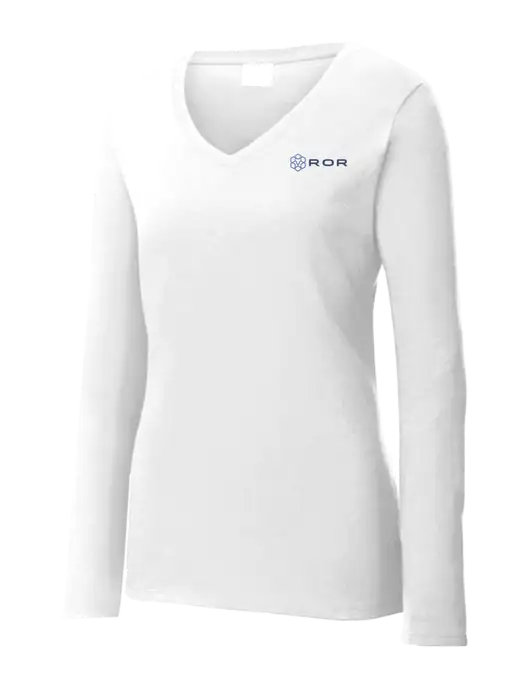 Womens  V-Neck Ring Spun White 4.5 oz Long Sleeve T-Shirt w/ROR Logo