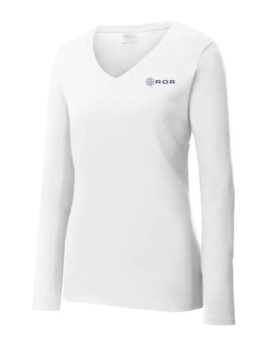 Womens  V-Neck Ring Spun White 4.5 oz Long Sleeve T-Shirt w/ROR Logo