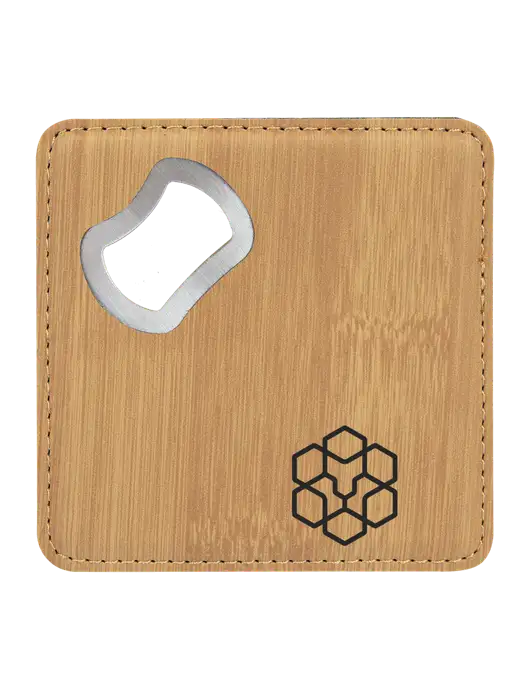 Bamboo Leatherette Coaster with Bottle Opener w/Icon Logo