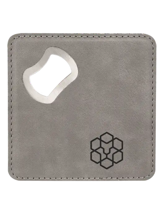 Grey Leatherette Coaster with Bottle Opener w/Icon Logo