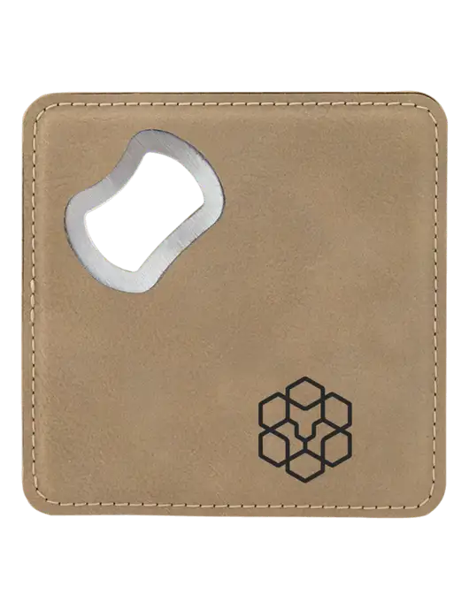 Tan Leatherette Bottle Opener Coaster w/Icon Logo