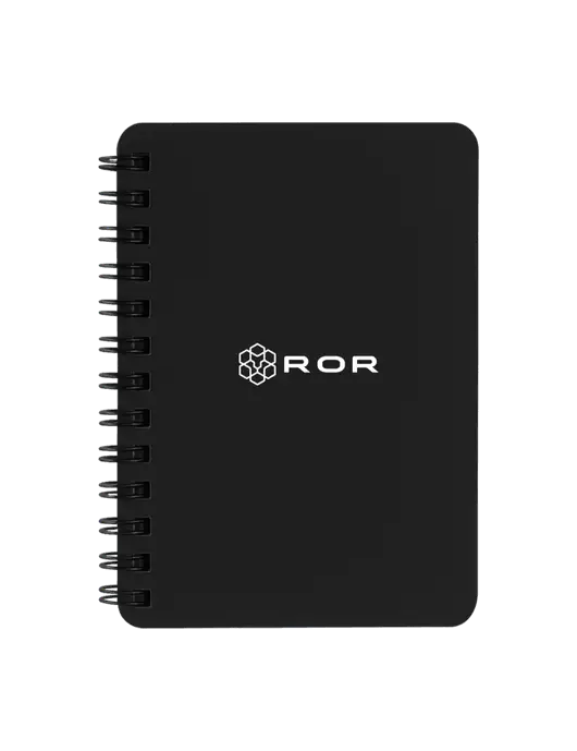Sturdy Black Hardcover Notebook, 5.25 x 7 w/ROR Logo
