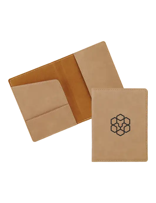 Tan Leatherette Passport Holder w/Icon Logo