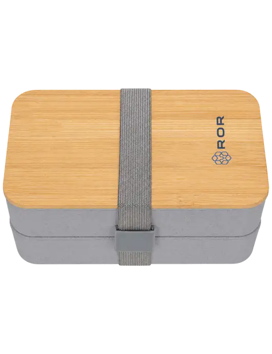 Double Decker Light Medium Grey Lunch Box w/Eco-Friendly FSC Bamboo Lid & Reusable Utensils w/ROR Logo