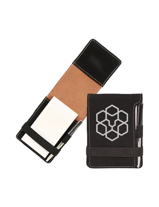 Black Leatherette Mini Notepad with Pen,  3.25 x 4.75 w/Icon Logo