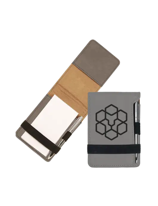 Grey Leatherette Mini Notepad with Pen,  3.25 x 4.75 w/Icon Logo