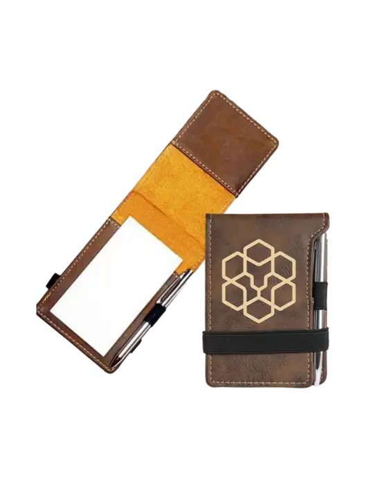 Rustic Leatherette Mini Notepad w/Pen, 3.25 x 4.75 w/Icon Logo