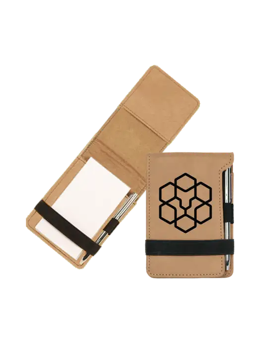 Tan Leatherette Mini Notepad with Pen,  3.25 x 4.75 w/Icon Logo