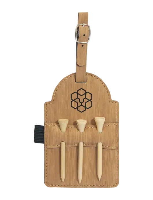 Bamboo Leatherette Golf Bag Tag with 3 Wooden Tees w/Icon Logo