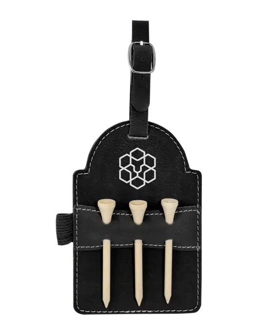 Black Leatherette Golf Bag Tag with 3 Wooden Tees w/Icon Logo