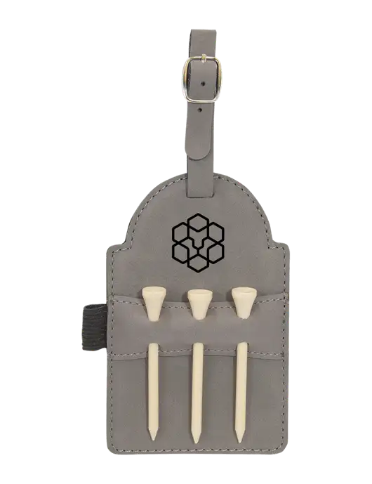 Grey Leatherette Golf Bag Tag with 3 Wooden Tees w/Icon Logo