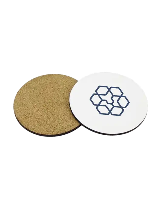 Gloss White Hardboard Round Coaster w/Cork Back, 3.75 w/Icon Logo