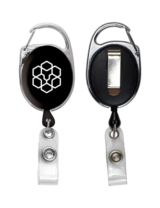 Black Carabiner Style Badge Reel and Badge Holder w/Icon Logo