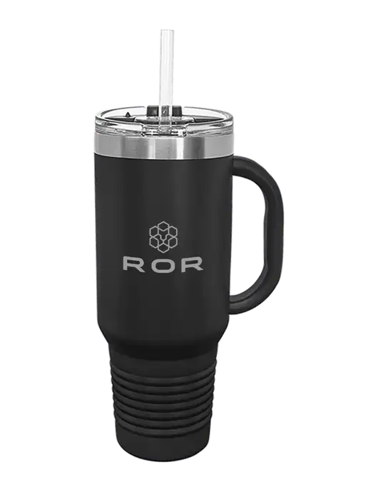 Polar Camel 40 oz. Powder Coated Vacuum Insulated Black Travel Mug with Straw w/ROR Logo Engraved