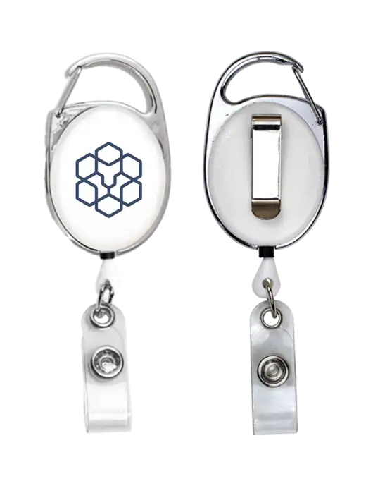White Carabiner Style Badge Reel and Badge Holder w/Icon Logo
