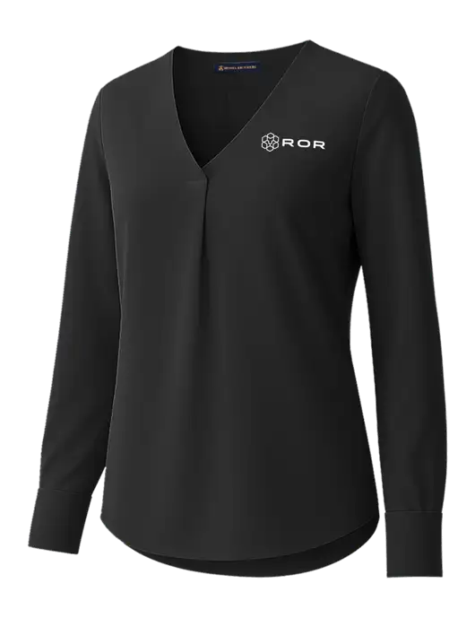 Brooks Brothers Womens Black Open-Neck Satin Blouse  w/ROR Logo