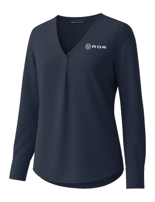 Brooks Brothers Womens Dark Navy Open-Neck Satin Blouse  w/ROR Logo