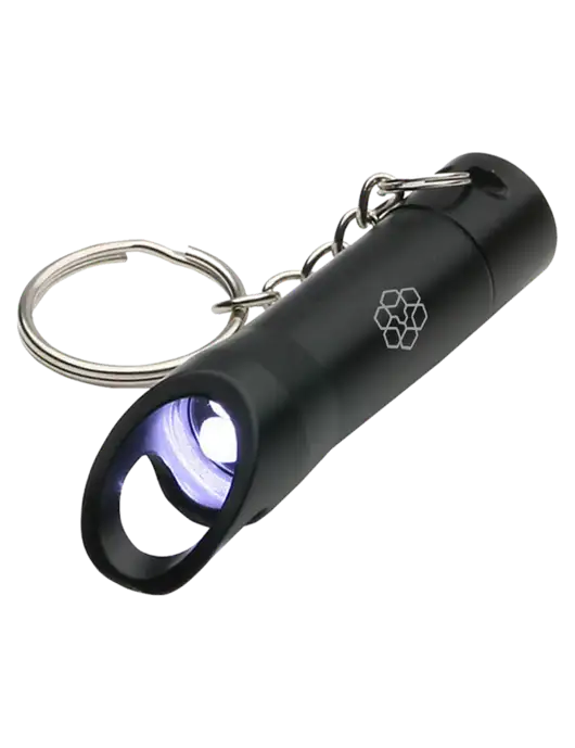 Black Pocket LED Flashlight with Bottle Opener & Keychain w/Icon Logo