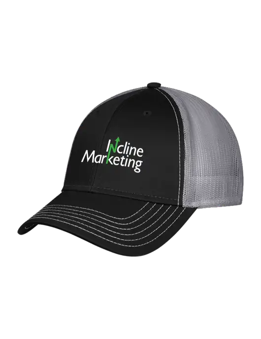 Black/Medium Dark Grey Mesh Trucker Cap Snap Back w/Incline Marketing Logo
