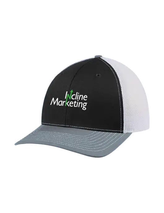 Richardson Adjustable Snapback Original 112 Trucker Cap Black/Light Heather Grey/White Mesh w/Incline Marketing Logo