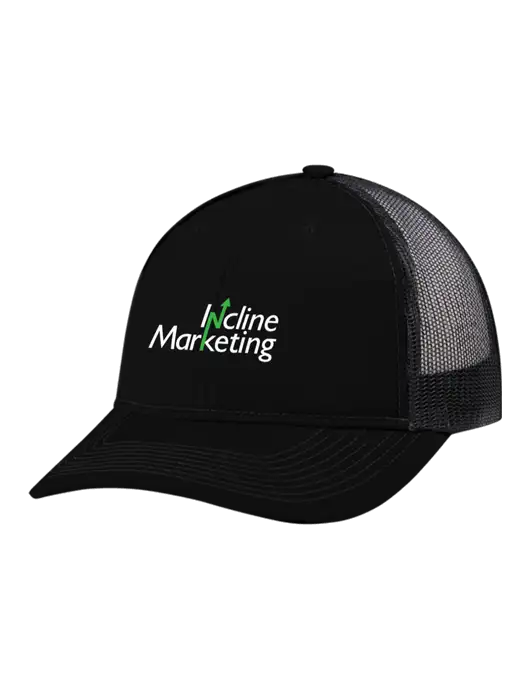 Snapback Ponytail Trucker Cap Black w/Black Mesh w/Incline Marketing Logo