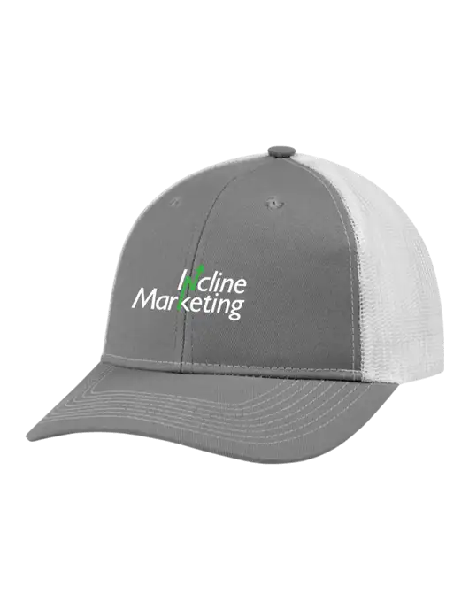 Snapback Ponytail Trucker Cap Light Medium Heather Grey w/White Mesh w/Incline Marketing Logo
