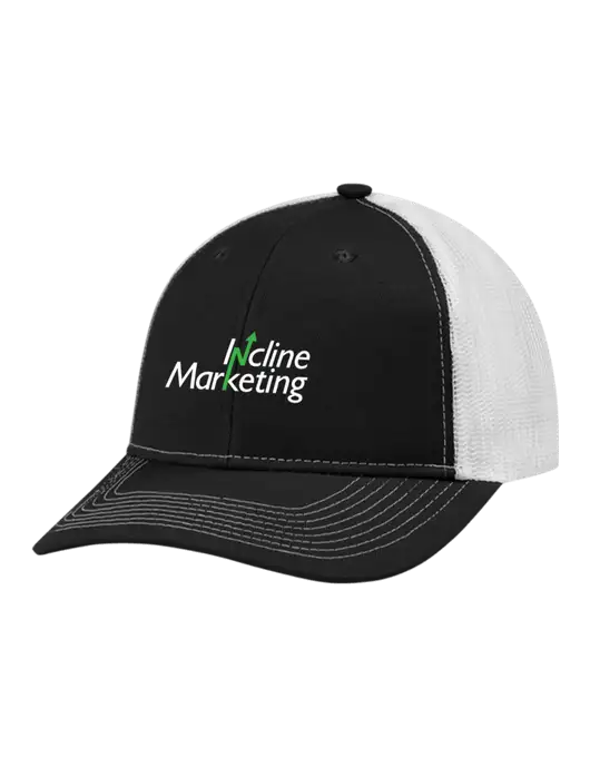 Snapback Ponytail Trucker Cap Black w/White Mesh w/Incline Marketing Logo