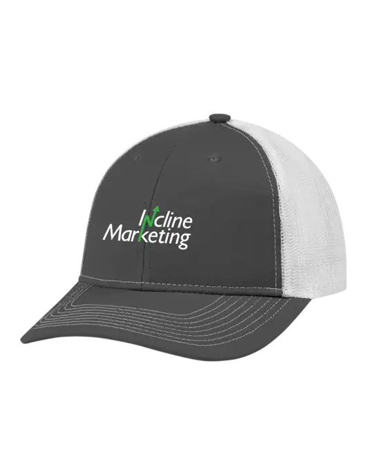 Snapback Ponytail Trucker Cap Dark Grey w/White Mesh w/Incline Marketing Logo