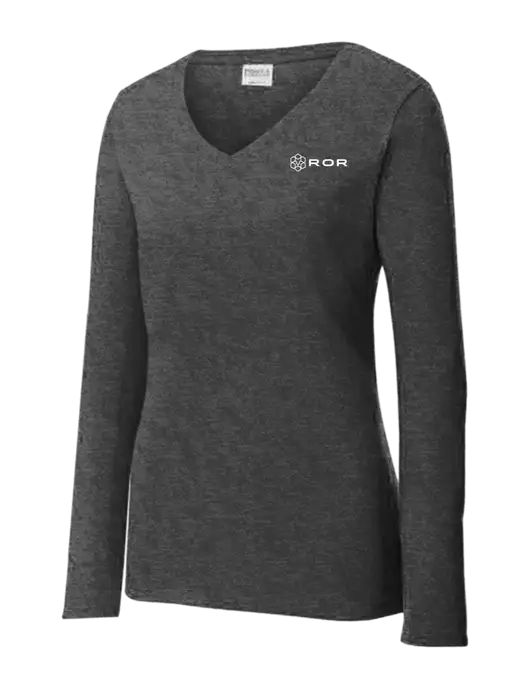 Womens  V-Neck Ring Spun Dark Heather Grey 4.5 oz Long Sleeve T-Shirt w/ROR Logo